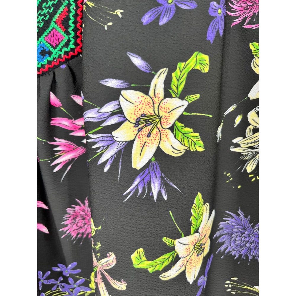 Colorful Tunic Blouse 2X Black Green Floral Embroidered Boho Peasant Top Caleoas - Picture 11 of 12